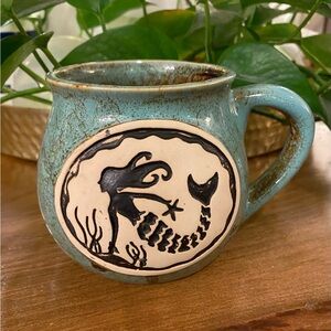 Cape Shore Maine Coffee Mug Bean Pot Etched Mermaid Glazed Stoneware Blue Brown
